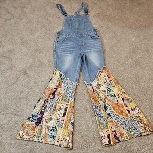Easel Blue Patchwork Flare Overalls